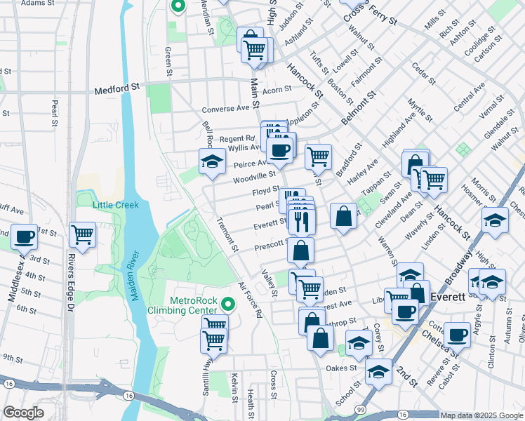 map of restaurants, bars, coffee shops, grocery stores, and more near 47A Pearl Street in Everett