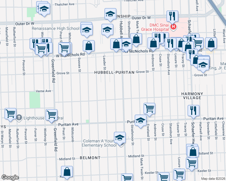 map of restaurants, bars, coffee shops, grocery stores, and more near 16576 Lauder Street in Detroit
