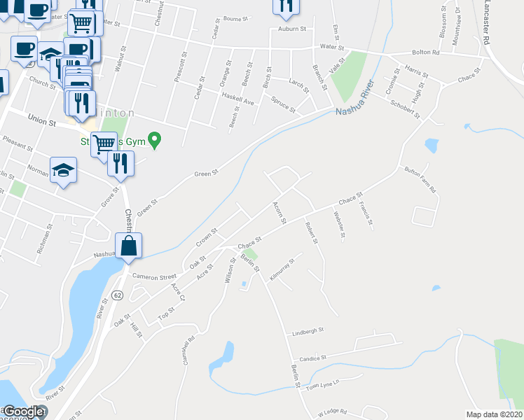 map of restaurants, bars, coffee shops, grocery stores, and more near 352 Oak Street in Clinton