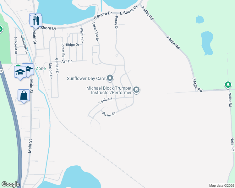 map of restaurants, bars, coffee shops, grocery stores, and more near 8952 Sunflower Drive in Whitmore Lake