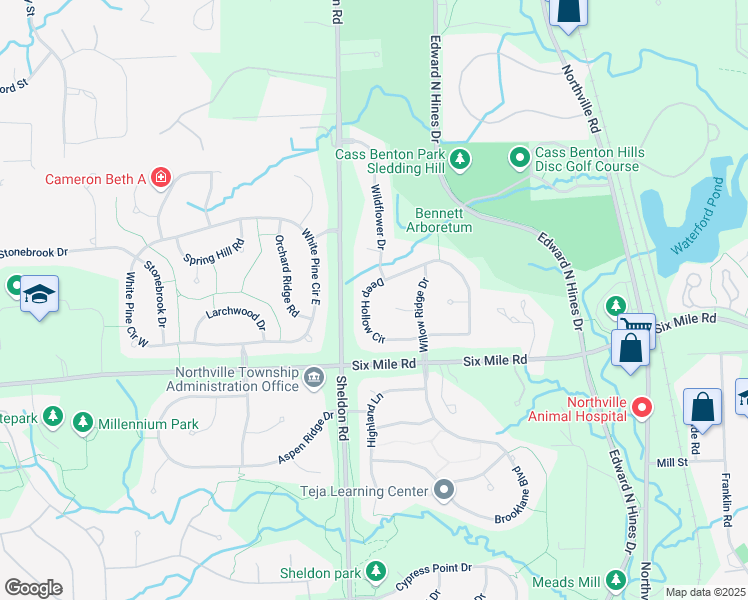 map of restaurants, bars, coffee shops, grocery stores, and more near 44230 Deep Hollow Circle in Northville