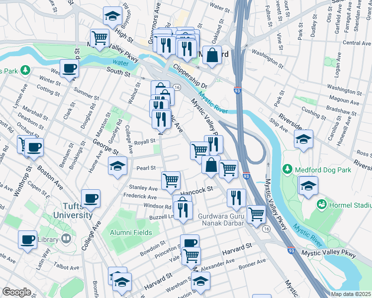 map of restaurants, bars, coffee shops, grocery stores, and more near 45 Sylvia Road in Medford