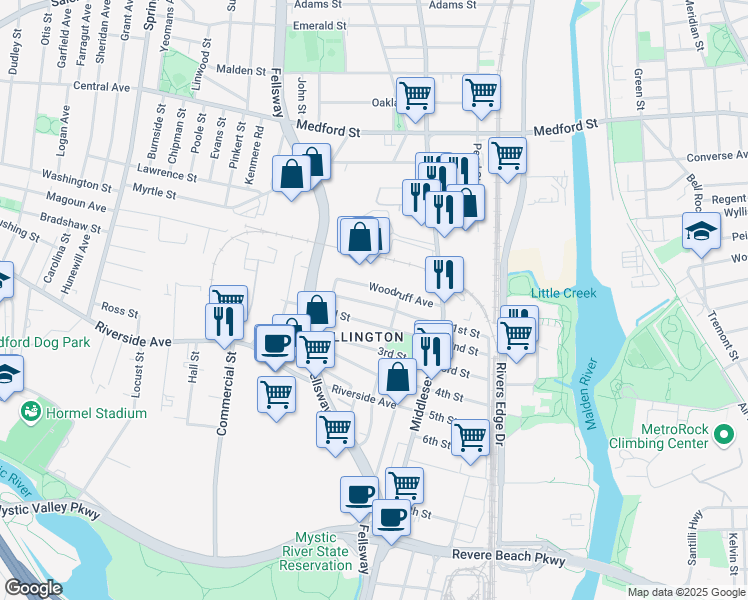 map of restaurants, bars, coffee shops, grocery stores, and more near 97 1st Street in Medford