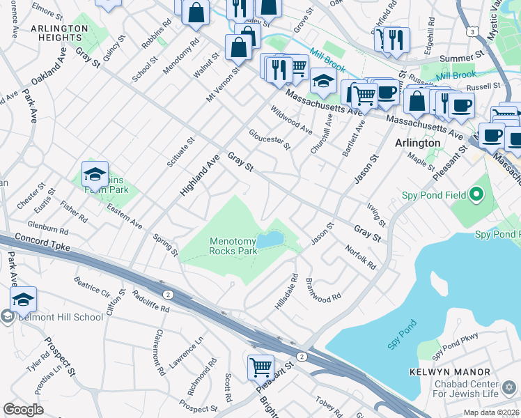 map of restaurants, bars, coffee shops, grocery stores, and more near 25 Valley Road in Arlington