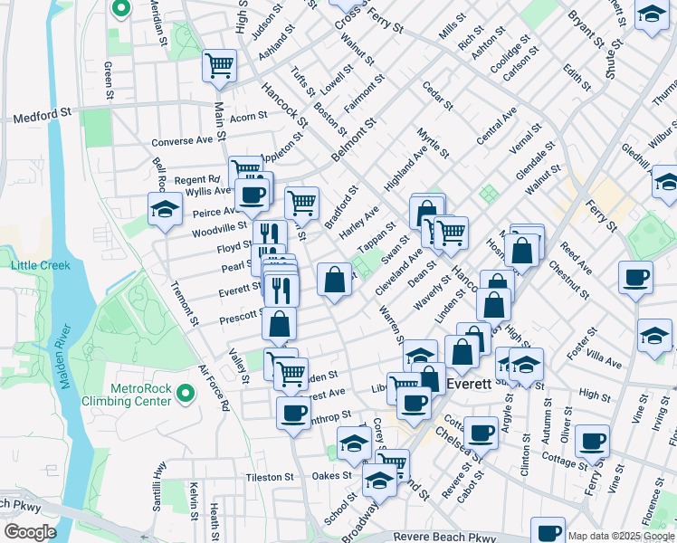 map of restaurants, bars, coffee shops, grocery stores, and more near 23 Wall Street in Everett