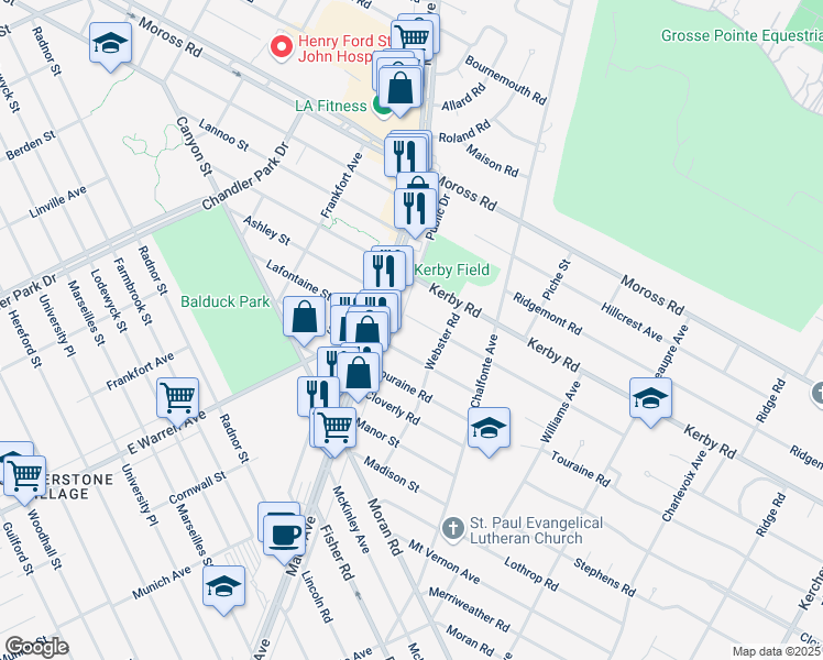 map of restaurants, bars, coffee shops, grocery stores, and more near 471 Belanger Avenue in Grosse Pointe Farms