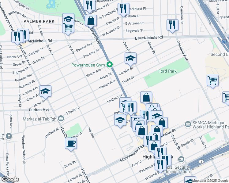 map of restaurants, bars, coffee shops, grocery stores, and more near 29 Pilgrim Street in Highland Park