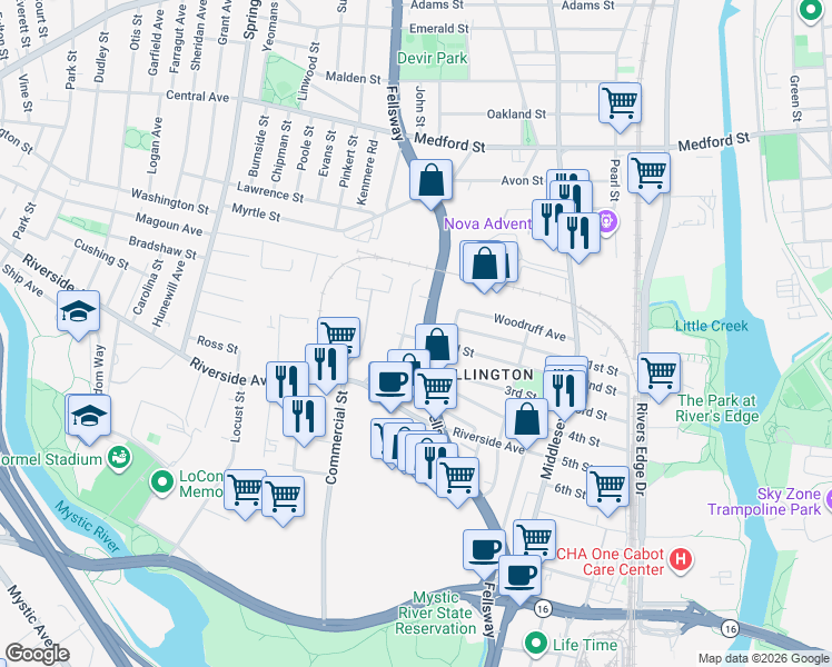 map of restaurants, bars, coffee shops, grocery stores, and more near 862 Fellsway in Medford