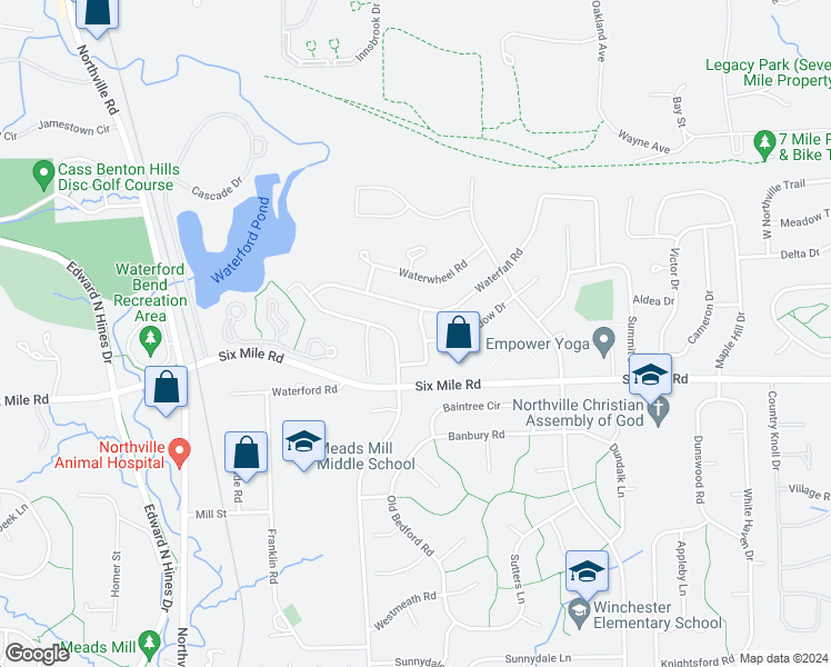 map of restaurants, bars, coffee shops, grocery stores, and more near 17413 Pon Valley Drive in Northville