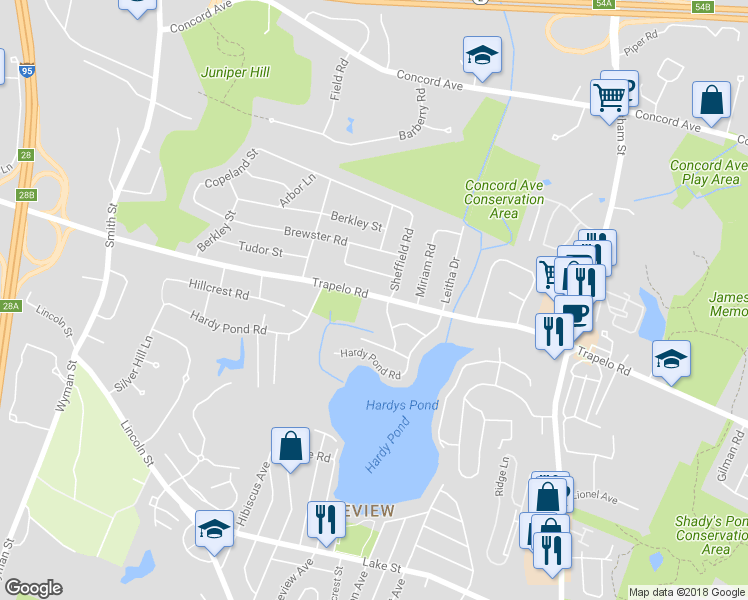 map of restaurants, bars, coffee shops, grocery stores, and more near 1210 Trapelo Road in Waltham
