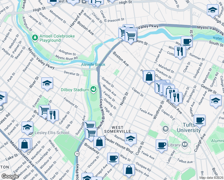 map of restaurants, bars, coffee shops, grocery stores, and more near 55 Woods Avenue in Somerville