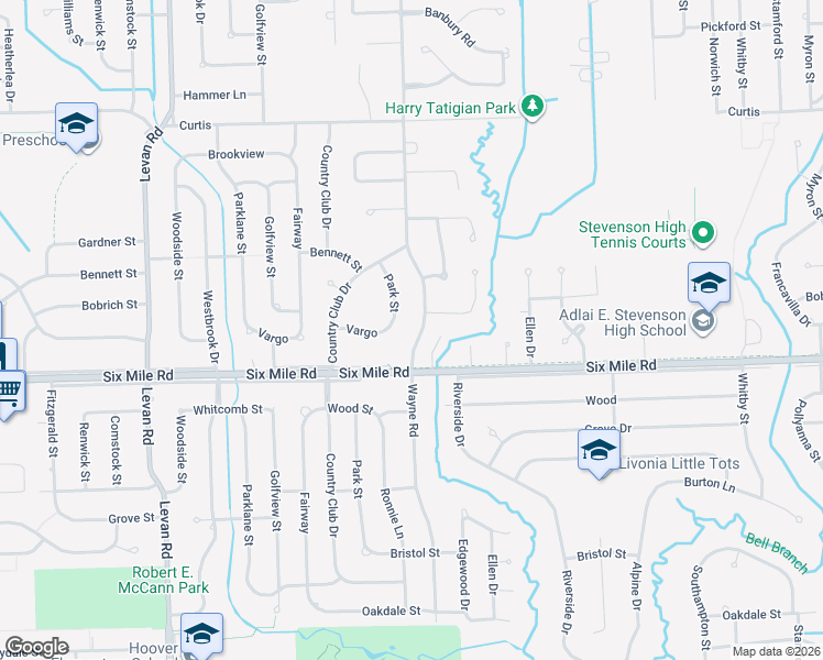 map of restaurants, bars, coffee shops, grocery stores, and more near 17333 Wayne Road in Livonia