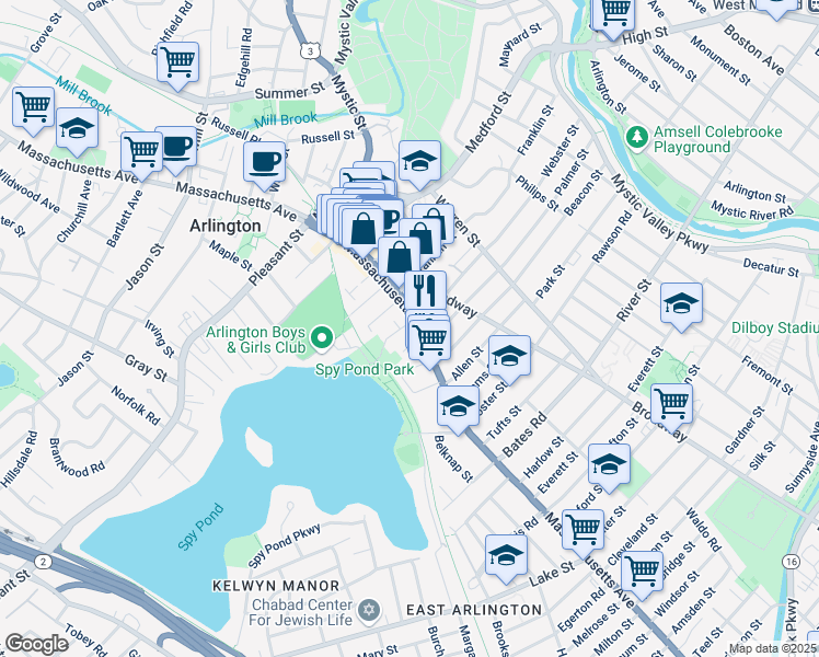 map of restaurants, bars, coffee shops, grocery stores, and more near 382 Massachusetts Avenue in Arlington
