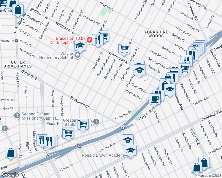 map of restaurants, bars, coffee shops, grocery stores, and more near 9966 Somerset Ave in Detroit
