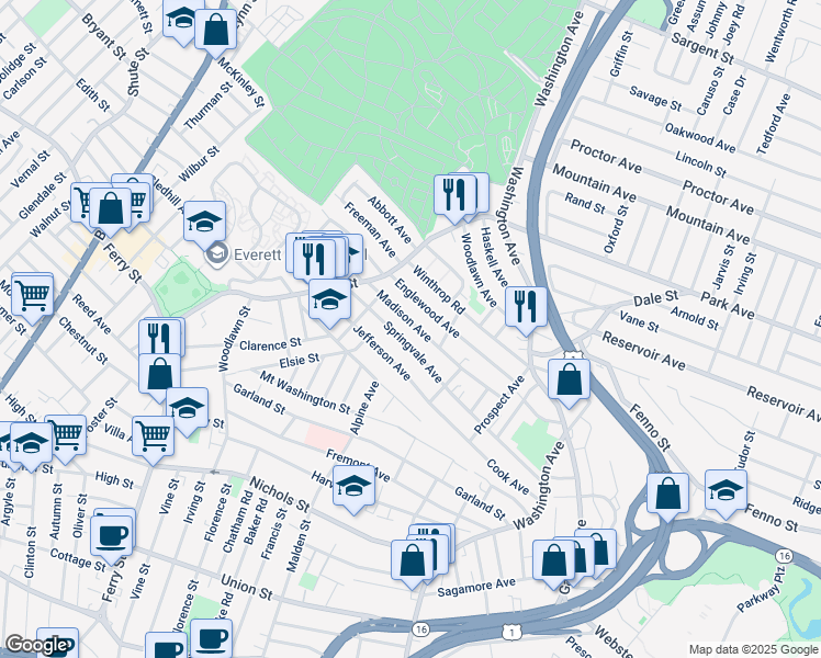 map of restaurants, bars, coffee shops, grocery stores, and more near 43 Madison Avenue in Everett