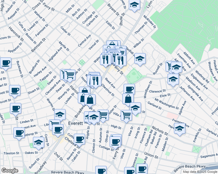 map of restaurants, bars, coffee shops, grocery stores, and more near 82 Chestnut Street in Everett