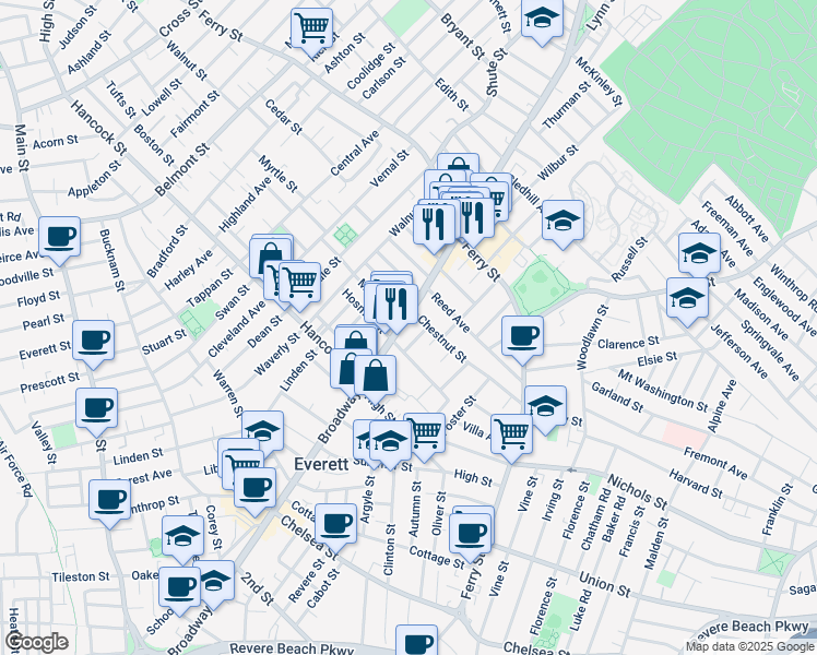 map of restaurants, bars, coffee shops, grocery stores, and more near 634 Broadway in Everett