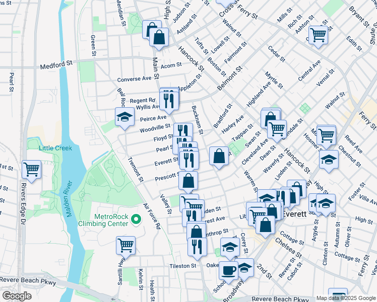 map of restaurants, bars, coffee shops, grocery stores, and more near 10 Locust Street in Everett