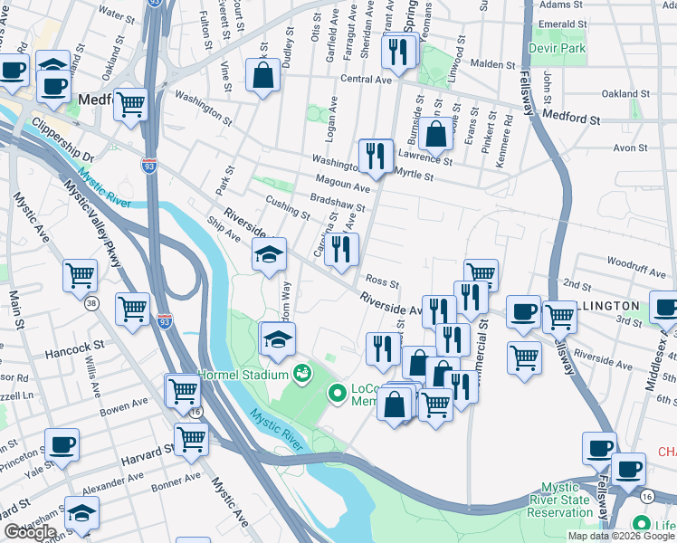map of restaurants, bars, coffee shops, grocery stores, and more near 306 Riverside Avenue in Medford