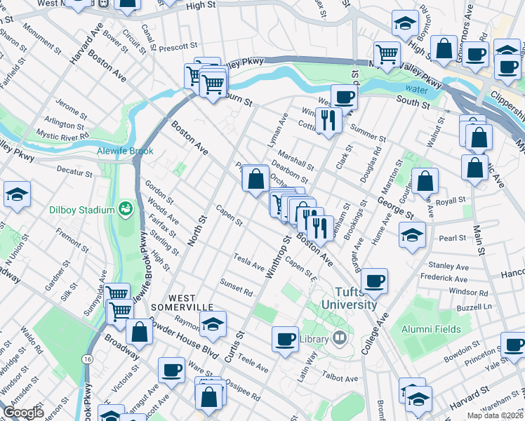 map of restaurants, bars, coffee shops, grocery stores, and more near 24 Hillsdale Road in Medford