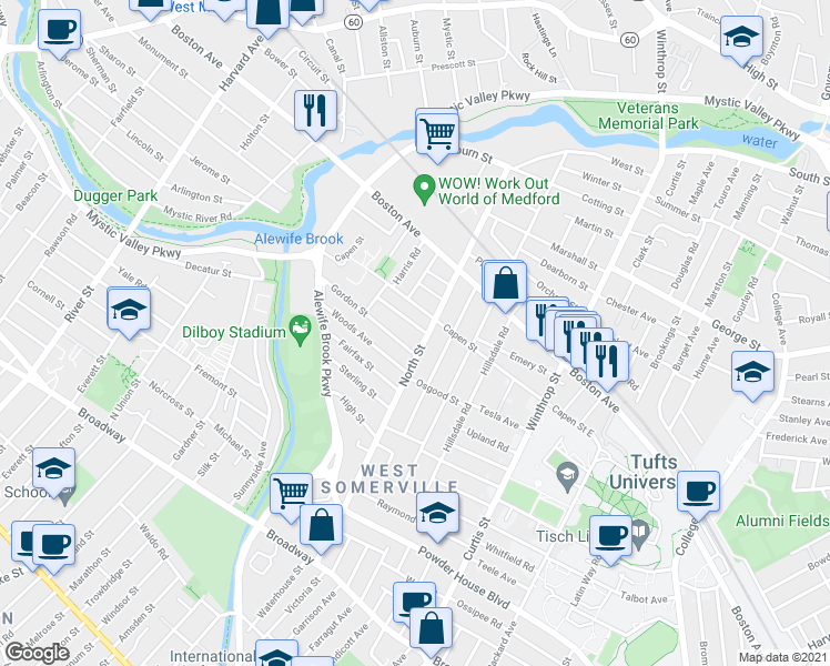 map of restaurants, bars, coffee shops, grocery stores, and more near 113 North Street in Medford