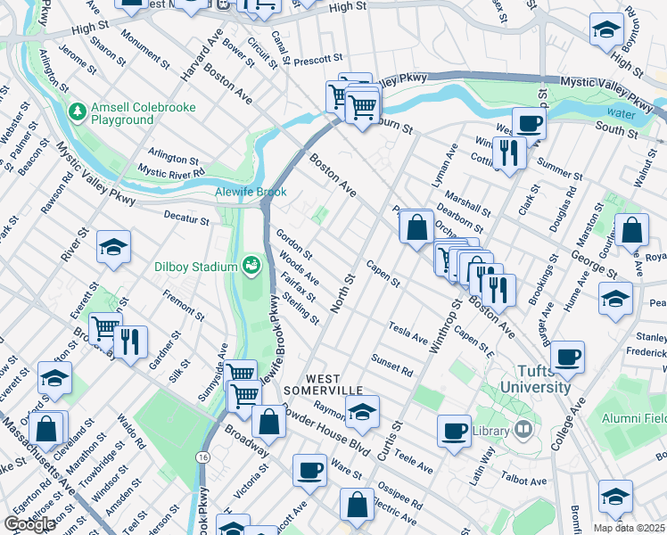 map of restaurants, bars, coffee shops, grocery stores, and more near 29 Gordon Street in Somerville