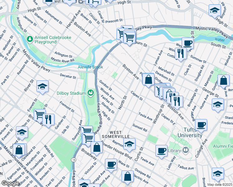 map of restaurants, bars, coffee shops, grocery stores, and more near 29 Gordon Street in Somerville