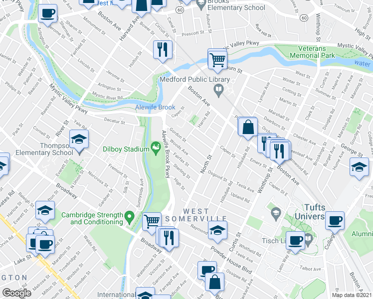 map of restaurants, bars, coffee shops, grocery stores, and more near 70 Woods Avenue in Somerville