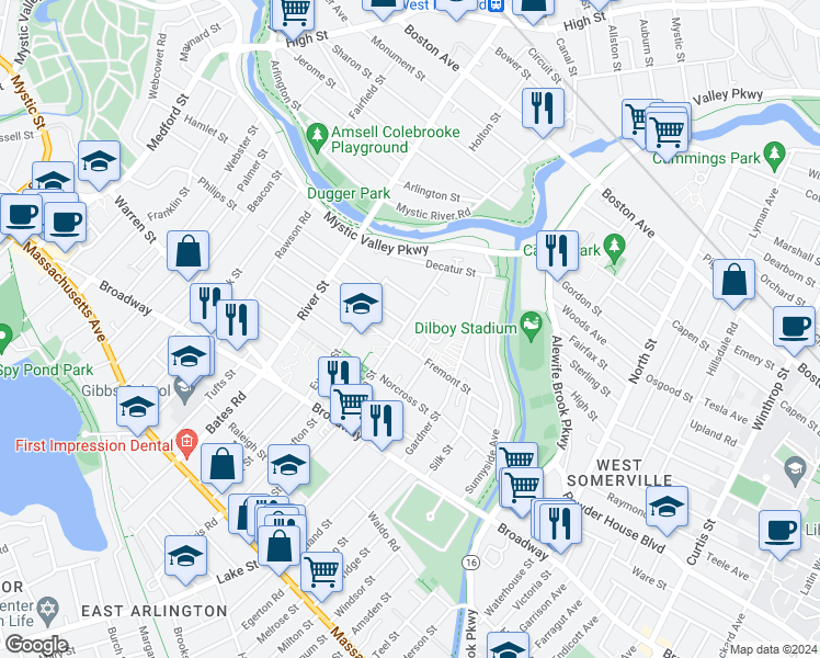 map of restaurants, bars, coffee shops, grocery stores, and more near 49 Fremont Court in Arlington