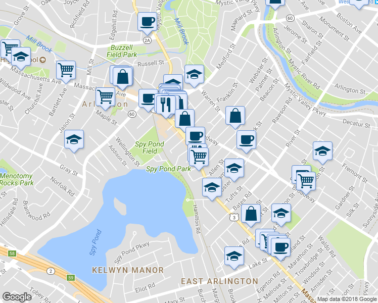 map of restaurants, bars, coffee shops, grocery stores, and more near 382 Massachusetts Avenue in Arlington