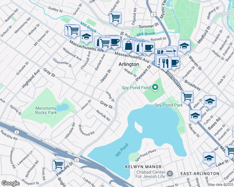 map of restaurants, bars, coffee shops, grocery stores, and more near 17 Irving Street in Arlington