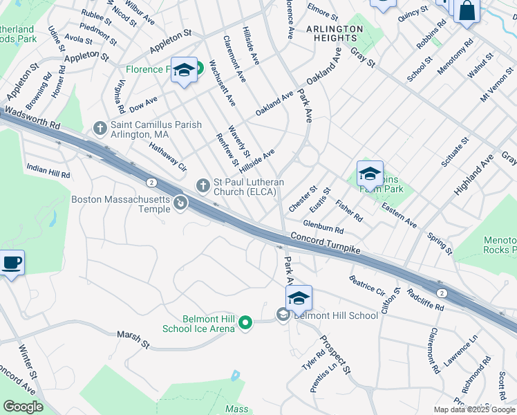 map of restaurants, bars, coffee shops, grocery stores, and more near 146 George Street in Arlington