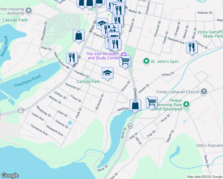 map of restaurants, bars, coffee shops, grocery stores, and more near 157 Franklin Street in Clinton