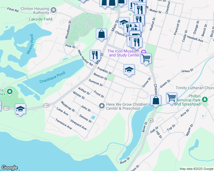 map of restaurants, bars, coffee shops, grocery stores, and more near 74 Summit Street in Clinton