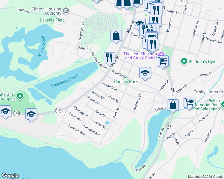 map of restaurants, bars, coffee shops, grocery stores, and more near 31 Summit Street in Clinton
