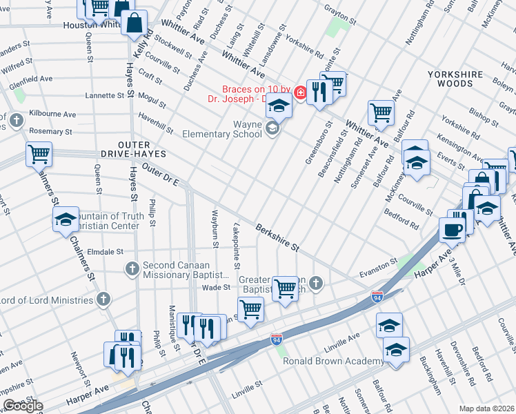 map of restaurants, bars, coffee shops, grocery stores, and more near 10242 Lakepointe Street in Detroit