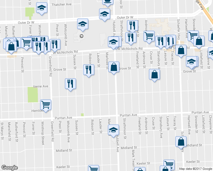 map of restaurants, bars, coffee shops, grocery stores, and more near 16576 Lauder Street in Detroit