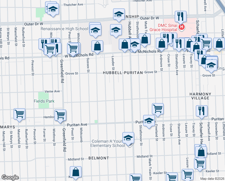 map of restaurants, bars, coffee shops, grocery stores, and more near 16576 Lauder Street in Detroit