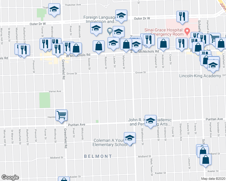 map of restaurants, bars, coffee shops, grocery stores, and more near 16576 Lauder Street in Detroit