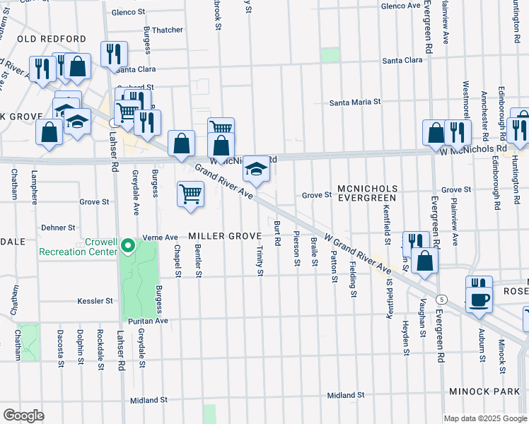 map of restaurants, bars, coffee shops, grocery stores, and more near 16766 Trinity Street in Detroit