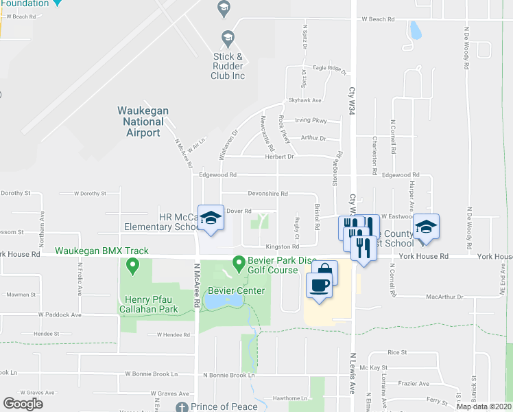 map of restaurants, bars, coffee shops, grocery stores, and more near 2120 Dover Road in Waukegan