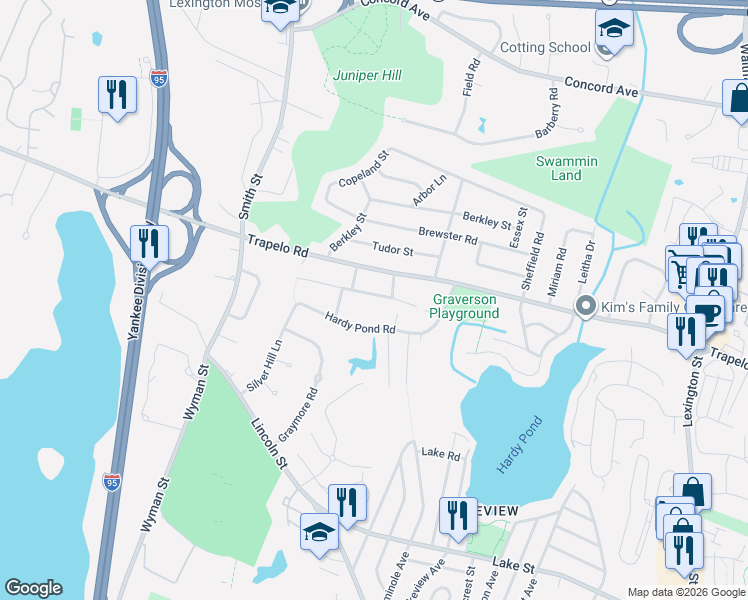 map of restaurants, bars, coffee shops, grocery stores, and more near 64 Hillcrest Road in Waltham