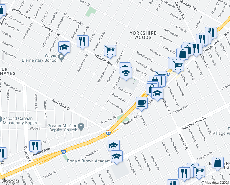 map of restaurants, bars, coffee shops, grocery stores, and more near 9320 Bedford Street in Detroit