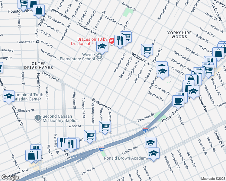 map of restaurants, bars, coffee shops, grocery stores, and more near Beaconsfield Street in Detroit