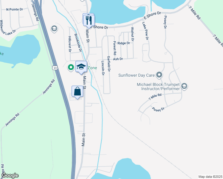 map of restaurants, bars, coffee shops, grocery stores, and more near 8816 Garfield Drive in Whitmore Lake