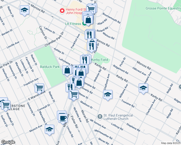 map of restaurants, bars, coffee shops, grocery stores, and more near 471 Belanger Avenue in Grosse Pointe Farms