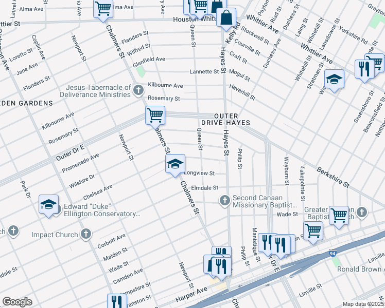 map of restaurants, bars, coffee shops, grocery stores, and more near 14461 Chelsea Avenue in Detroit