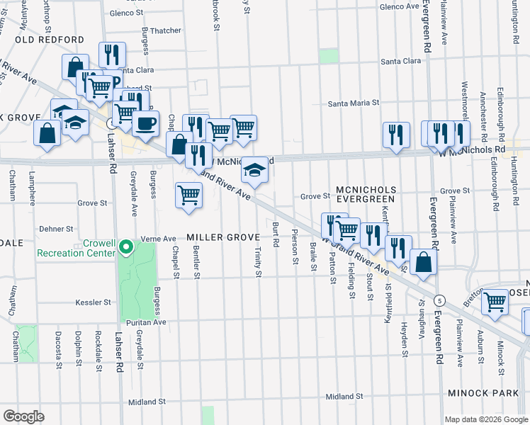 map of restaurants, bars, coffee shops, grocery stores, and more near 16766 Trinity Street in Detroit