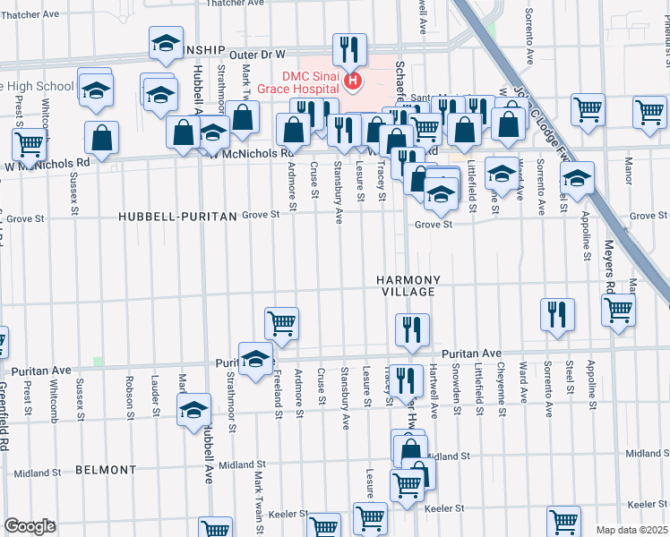 map of restaurants, bars, coffee shops, grocery stores, and more near 16549 Stansbury Avenue in Detroit