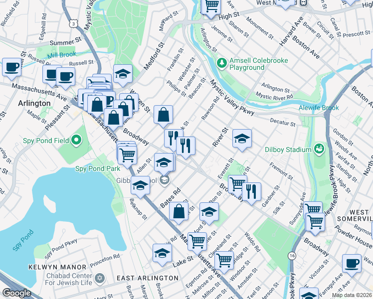 map of restaurants, bars, coffee shops, grocery stores, and more near 47 Warren Street in Arlington